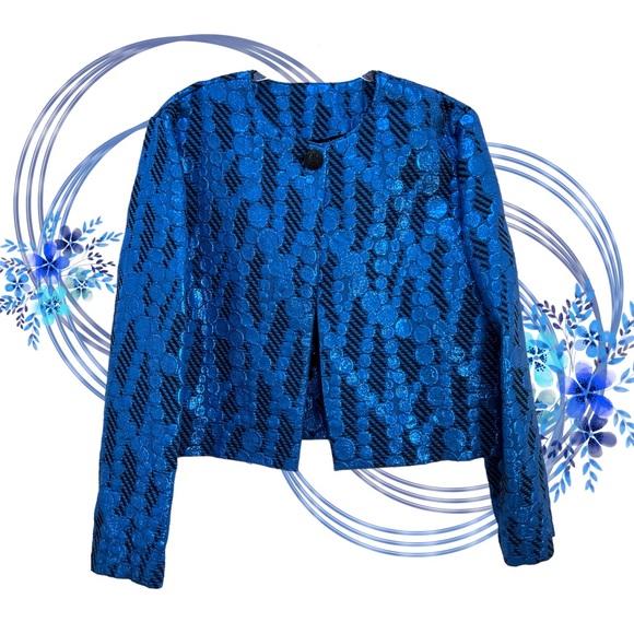 Vintage Jackets & Blazers - Blue Metallic Geometric Mod Blazer Vintage Handmade Holiday NYE Party Glam